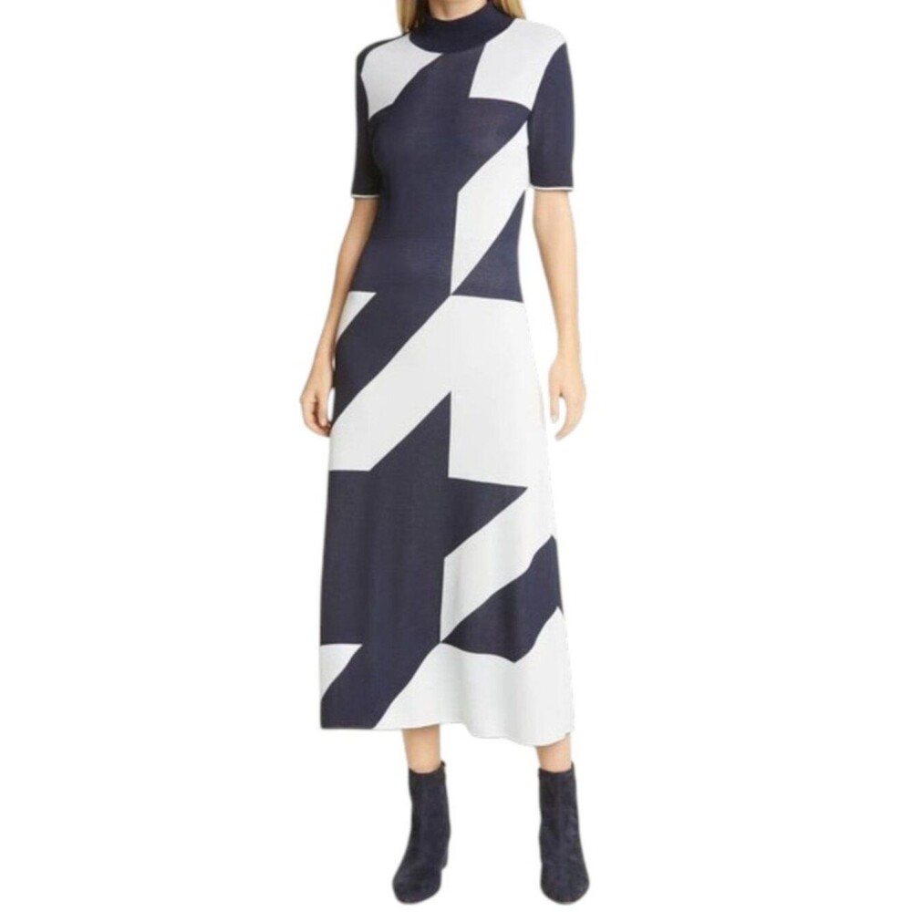 NWT Hugo Boss Fiah Houndstooth Maxi Dress L Blue White Mod Chic